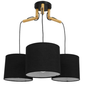 Μοντέρνο Φωτιστικό Κρεμαστό Οροφής Τρίφωτο Μαύρο με Ξύλινες λεπτομέρειες και Υφασμάτινα Καπελα, περασμένο με ηλεκτροστατική βαφή